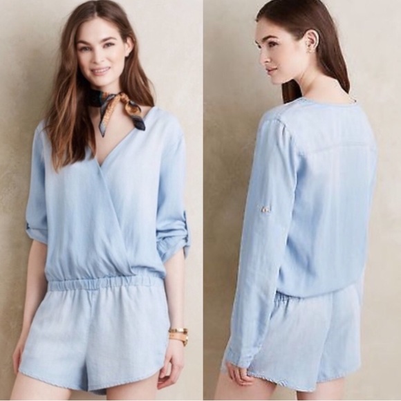 Cloth & Stone Chambray Long Sleeve Romper Blue Med - Picture 2 of 5